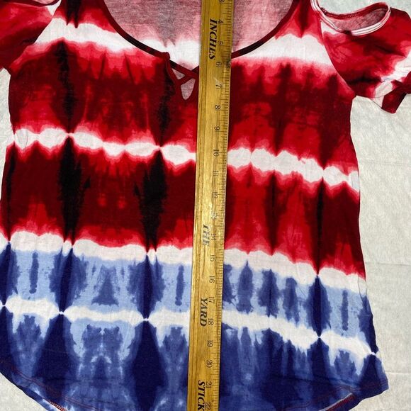 Rock & Republic T-Shirt Cold Shoulder Scoop Neck Tie Dye Patriotic Womens Size S - Picture 4 of 8